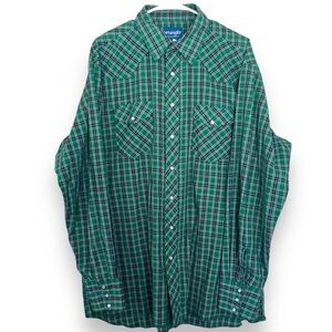 Vintage Wrangler green plaid long sleeve Pearl snap western shirt